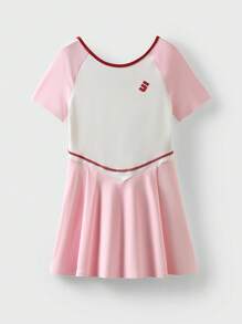 JNSQ Back To School Tween Girl Sporty Short Sleeve Dress, Kids' Color Block Round Neck Outdoor Sports Short Sleeve Dress, Suitable For Autumn Daily Wear, Outdoor Activities, Vacation, Streetwear, Party And Leisure - Red and White - View 5