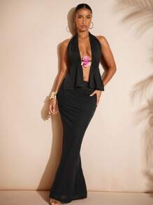 Hauture Women's Vacation 3D Floral Decor Plunge V-Neck Halter Top