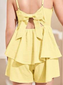 SHEIN Tween Girls Solid Color Up Backless Layered Hem Cami Large Bow Decoration On The Back Jumpsuit, Halter Jumpsuit, Playsuit, Summer Fresh , Daily Outing Vacation,Suitable For Spring Vacation, Pastoral Style