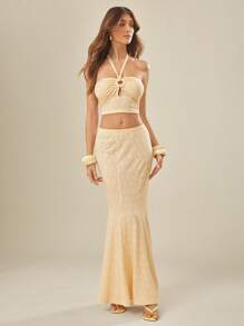 L'Amorae Elegant Vacation Eyelet Mermaid Maxi Skirt - Yellow - View 2