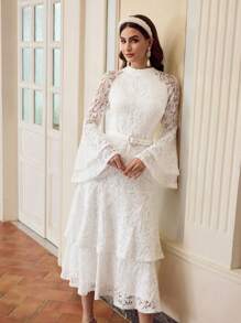 ZEYLAH Đầm tay loe eo cao cổ có viền xếp nếp - trắng - Xem 3