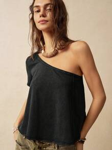 Bohemela Summer Women Vacation Crop Top With Asymmetrical Neck - Black - View 5