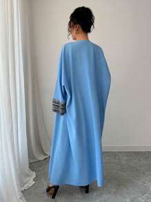 Al Najma Women's Patchwork Print Long Sleeve Loose Fit Arabic Abaya, Modest Robe - Blue - View 2