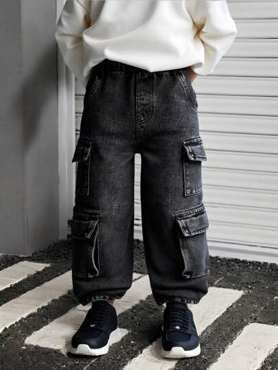 SHEIN Casuvi Kids 男童宽松阔腿工装牛仔裤，复古水洗牛仔布，街头风，时尚百搭，秋冬季牛仔裤的理想之选