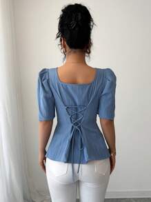 Chiquease 优雅复古泡泡袖收腰方领修身衬衫，春夏 - 藍色 - 查看 2
