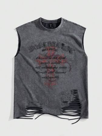 Goth Camiseta de tirantes casual con cuello redondo y estampado de eslogan para hombre, con diseño rasgado