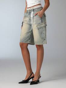 Aloruh Women's Contrast Lace Cargo Pocket Loose Casual Denim Shorts