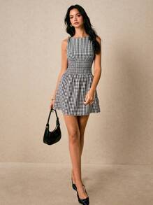 Poéselle Vestido mini de mujer con cuello redondo, sin mangas y cintura ajustada a cuadros