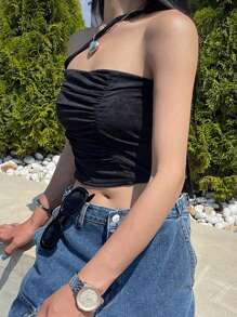 DAZY 女士斜肩褶皱露脐修身上衣 Y2K 外出上衣抹胸 - 黑色 - 查看 3