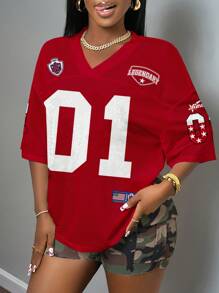 Slaydiva Áo bóng chày phong cách thể thao thường ngày, màu đỏ có in số 01, cổ chữ V, phù hợp với người ngoại cỡ, mùa hè - Nhiều màu - Xem 7