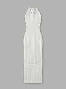 Maija Women's White Ivory V-Neck Fringed Pendant Hem Spring&Summer Bohemian Chic Elegant Vacation Holiday Autumn Fitted Tie-Up Maxi Knitted Dress - White - View 8
