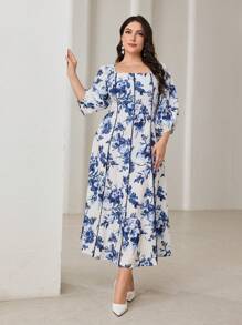 Modelyn Plus Size Elegant Floral All Over Print Lantern Sleeve Dress - Multicolor - View 3