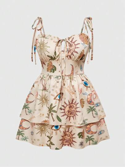 Plus Size Hippie Vacation Style Sun & Moon Graphic Print Fitted A-Line Cami Dress, Spring/Summer