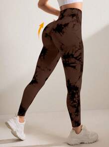 Gameset SHEIN Sport 女款高腰无缝扎染印花紧身瑜伽裤 - 彩色 - 查看 2
