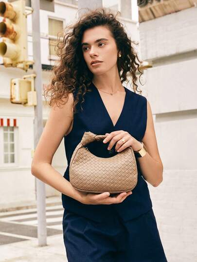 SHECARRY Women Top Handle Bags PU Leather For Business/Commute/Work/Office Casual Old Money Style Quiet Luxury Chic Knitting Handbag Woven Bag For Teacher Nurse Stylish