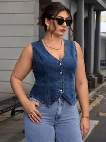 SHEIN Essnce 大码女式单排扣V领休闲牛仔背心夹克 - 深色水洗藍 - 查看 4