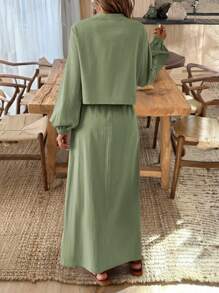 SHEIN LUNE Textured Fabric Front-Middle Knotted Long Sleeve Shirt & Midi Skirt Set Fall Cloth For Women - Green - View 2