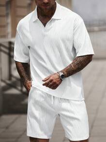 Manfinity Homme Men's Summer Casual Solid Color Short Sleeve Polo Shirt And Shorts Set - White - View 5
