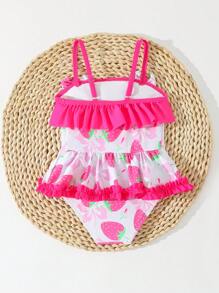 Baby Girl Sweet Strawberry Print Ruffle One-Piece Swimsuit For Beach Vacation, Summer - Pink - View 2