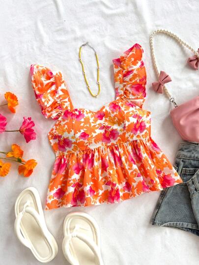 Soleia Blusa de manga corta con estampado floral rosa para vacaciones, refrescante para la primavera y el verano