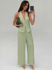 Aloruh Elegant Commuter Solid Color Metal Buckle Decor Cardigan And Straight Leg Pants Two Pieces Outfit, Versatile For Outings