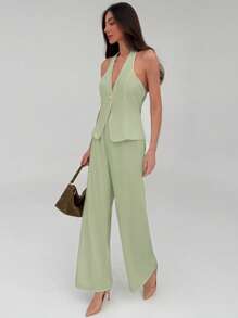 Aloruh Elegant Commuter Solid Color Metal Buckle Decor Cardigan And Straight Leg Pants Two Pieces Outfit, Versatile For Outings