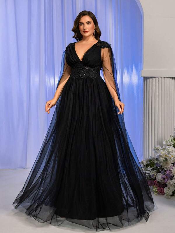 Glamrae Plus Size Elegant Luxury Embroidered Sequin Flutter Sleeve Long Waist Gather A-Line Mesh Formal Evening Gown, Party Dress, For Wedding Guest