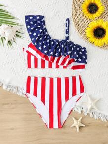 Tween Girl Striped Swimwear Top & Bottom 2 Pieces Set, Fashion, Prints Random