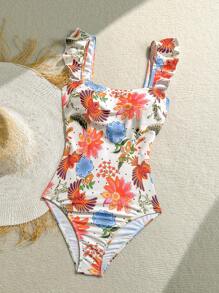Soleia Women's Tropical Bird & Floral Print Ruffled Collar & Sleeves One Piece Swimsuit, Vacation Style, Cute, Kawaii - Multicolor - View 3