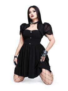Whyspr Vestido Patchwork de Manga Bufante de Organza Estilo Casual Punk Rave Plus Size - Preto - Visão 4