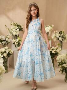 SHEIN Tween Girl Rochie elegantă fără mâneci cu talie înaltă, țesătură din șifon cu imprimeu trandafir albastru, potrivită pentru fetița de nuntă, vară