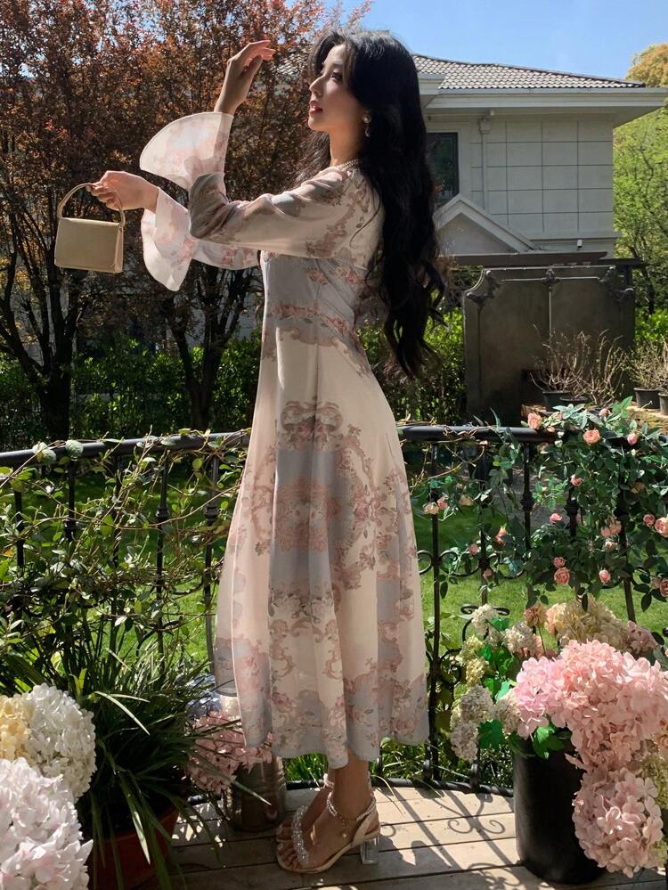 New Elegant Cinched Waist Ditsy Floral Midi Sundress For Women, Fall Long Sleeve Dress