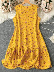 SHEIN LUNE Plus Size Women's Spring/Summer Sleeveless Patchwork Ruffle Hem Simple V-Neck Stripe Print Faux Embroidery Casual Dress, Front Button Design - Multicolor - View 2