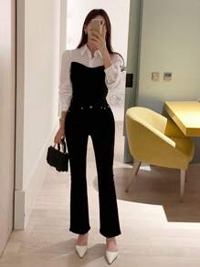 DAZY 撞色二合一泡泡袖衬衫，秋季长袖上衣 - 黑與白 - 查看 4