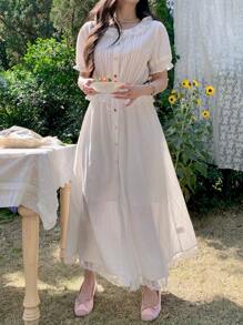 DAZY 2pcs/Set Women Lace Splicing Balloon Sleeve Two-Piece Outfits Summer - White - View 2