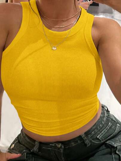 INAWLY Women's Solid Color Crew Neck Ribbed Casual Slim Fit Tank Top
