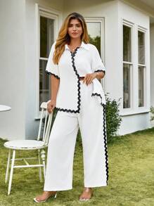 KURAYIA Plus Size Women's Colorblock Ruffle Texture Fabric Open Front Straight Shirt And Wide Leg Pants Set, Spring/Summer