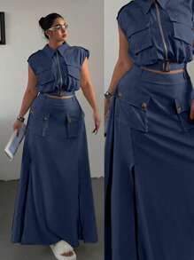 POPSWAY 2pcs/Set Sleeveless Zip-Up Crop Top & Slit Hem Skirt - Navy Blue - View 1