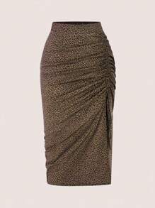 SHEIN PETITE CURVE Plus Size Casual Vacation Side Slit Drawstring Waist Petite Slimming Skirt Fall Cloth For Women - Brown - View 3