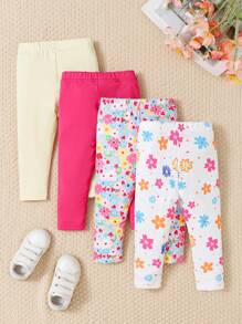 SHEIN Playful Pals 4件装女婴休闲碎花纯色打底裤套装，四季皆宜，秋冬季时尚百搭 - 彩色 - 查看 2