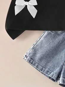 SHEIN 2pcs/Set Girls Summer Outfit, Cute Bowknot Solid Color T-Shirt And Lightweight Comfortable Casual Denim Pants Set - Black - View 5
