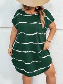 SHEIN CURVE+ 大码女式休闲黑白条纹紧身连衣裙，侧开衩，基本款 T 恤连衣裙，条纹连衣裙，春夏 - 綠色 - 查看 6