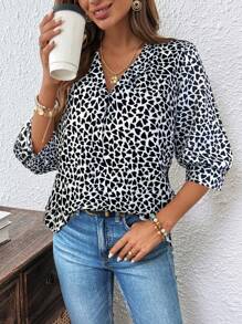 SHEIN LUNE Black & Apricot Heart Print Mid-Sleeve Women's Blouse - White - View 3