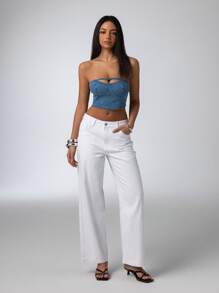 Aloruh Top tubo corto de mezclilla azul bebé casual para mujer: diseño sin tirantes y sin mangas con detalle de cremallera - Celeste - Ver 3