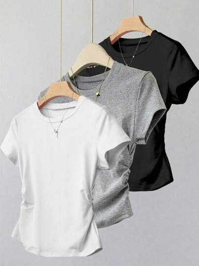 女士纯色圆领短袖褶饰休闲T恤