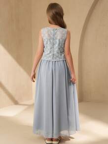 SHEIN Tween Girl Floral Lace Crew Neck Top And Mini Skirt 2 Pieces Set - Dusty Blue - View 2