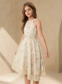 SHEIN 优雅可爱的绿色女童长款无袖连衣裙，适合度假、婚礼、花童、节日表演、舞会、派对、生日等场合