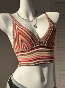 Comfortcana Women's Knitwear Micro Crop Top: Sleeveless Spaghetti Strap Knit Top With Multicolor Stripes Detail - Multicolor - View 1