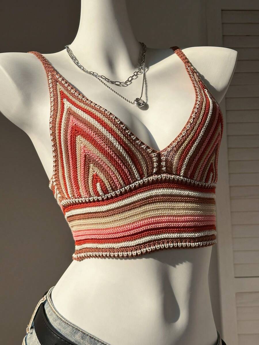 Comfortcana Women's Knitwear Micro Crop Top: Sleeveless Spaghetti Strap Knit Top With Multicolor Stripes Detail - Multicolor - View 1