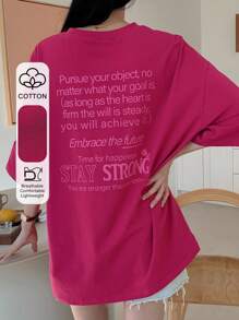 DAZY 新款字母印花宽松休闲海滩度假女士T恤，夏季超大码T恤，图案T恤 - 玫紅色 - 查看 1